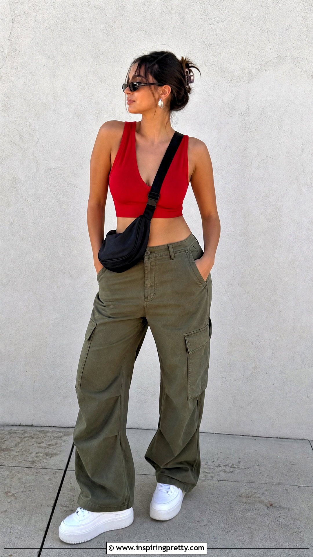 Red V Neck Crop Top With Olive Cargo Pants - 25 red v neck crop top outfit ideas