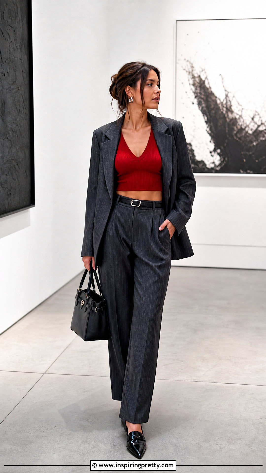 Red V Neck Crop Top With Pinstripe Trousers - 25 red v neck crop top outfit ideas