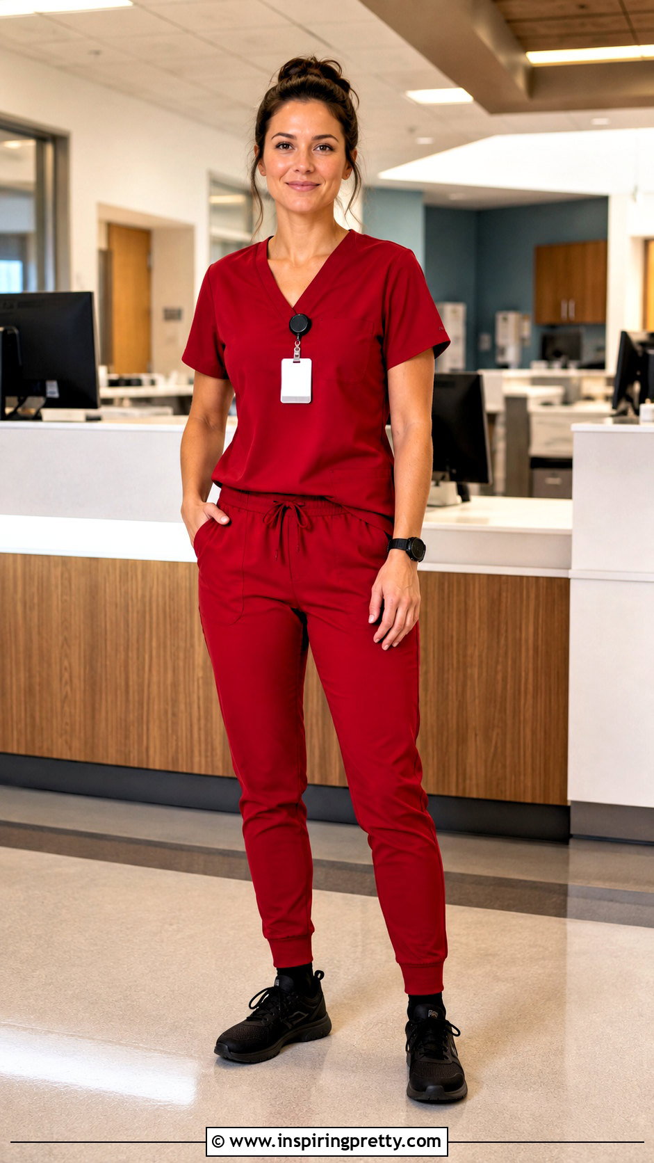 Red V Neck Nurse Scrub Top With Matching Pants - 25 nurses uniform tops outfit ideas