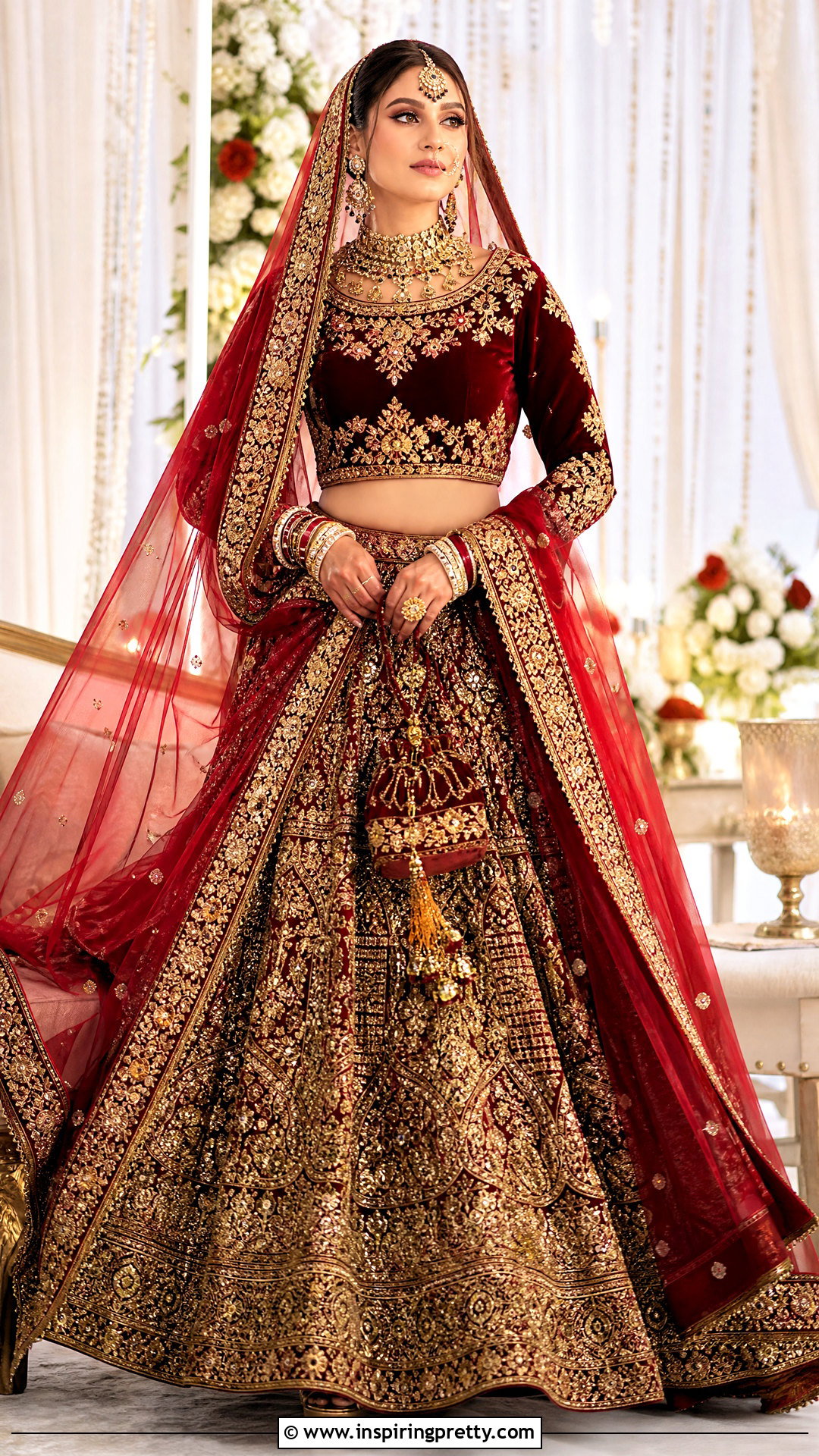 Red Velvet Crop Top With Bridal Lehenga - 50 velvet crop top designs for lehengas