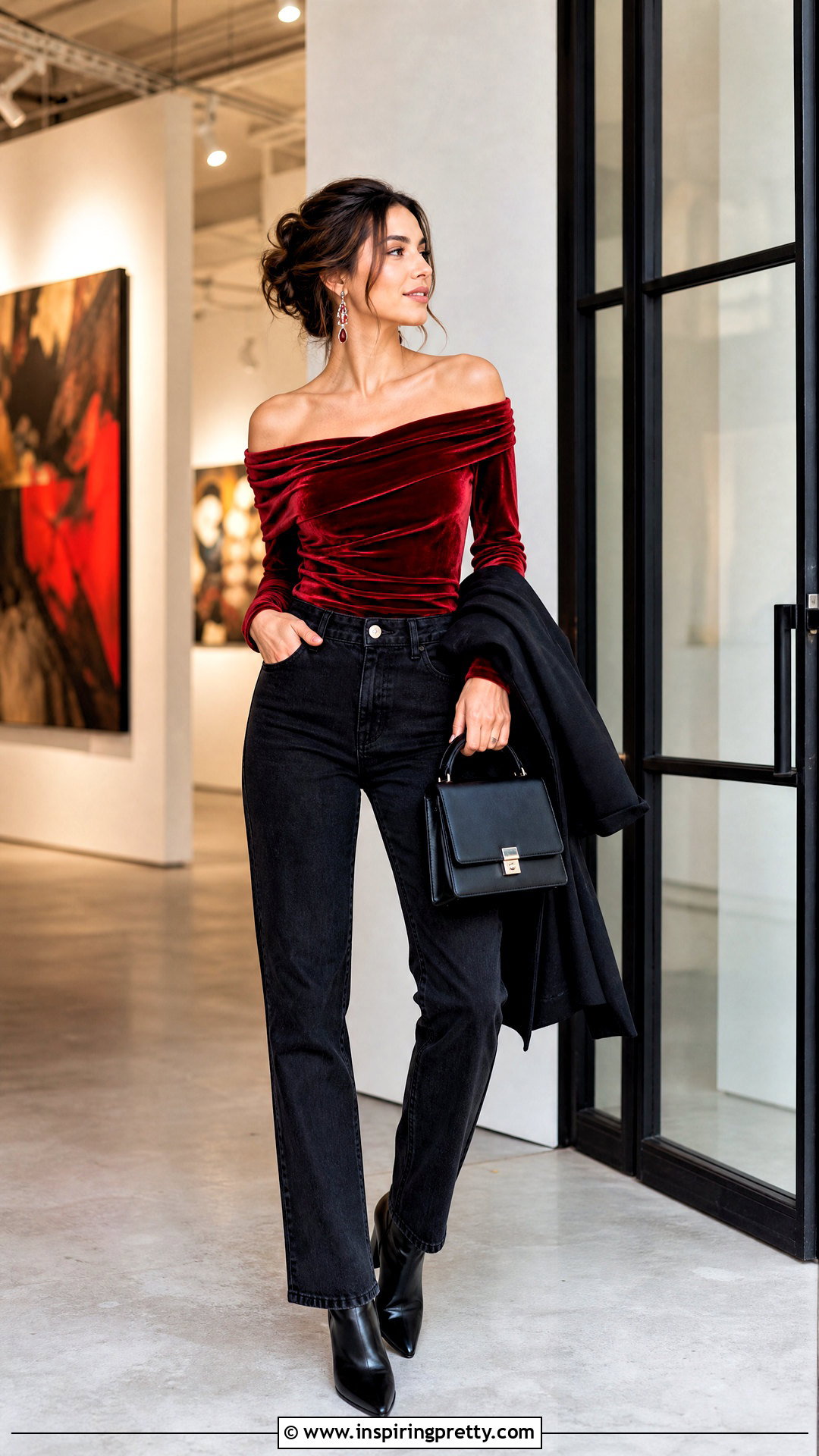 Red Velvet Off Shoulder Top With Black Jeans - 20 velvet top autumn fashion ideas