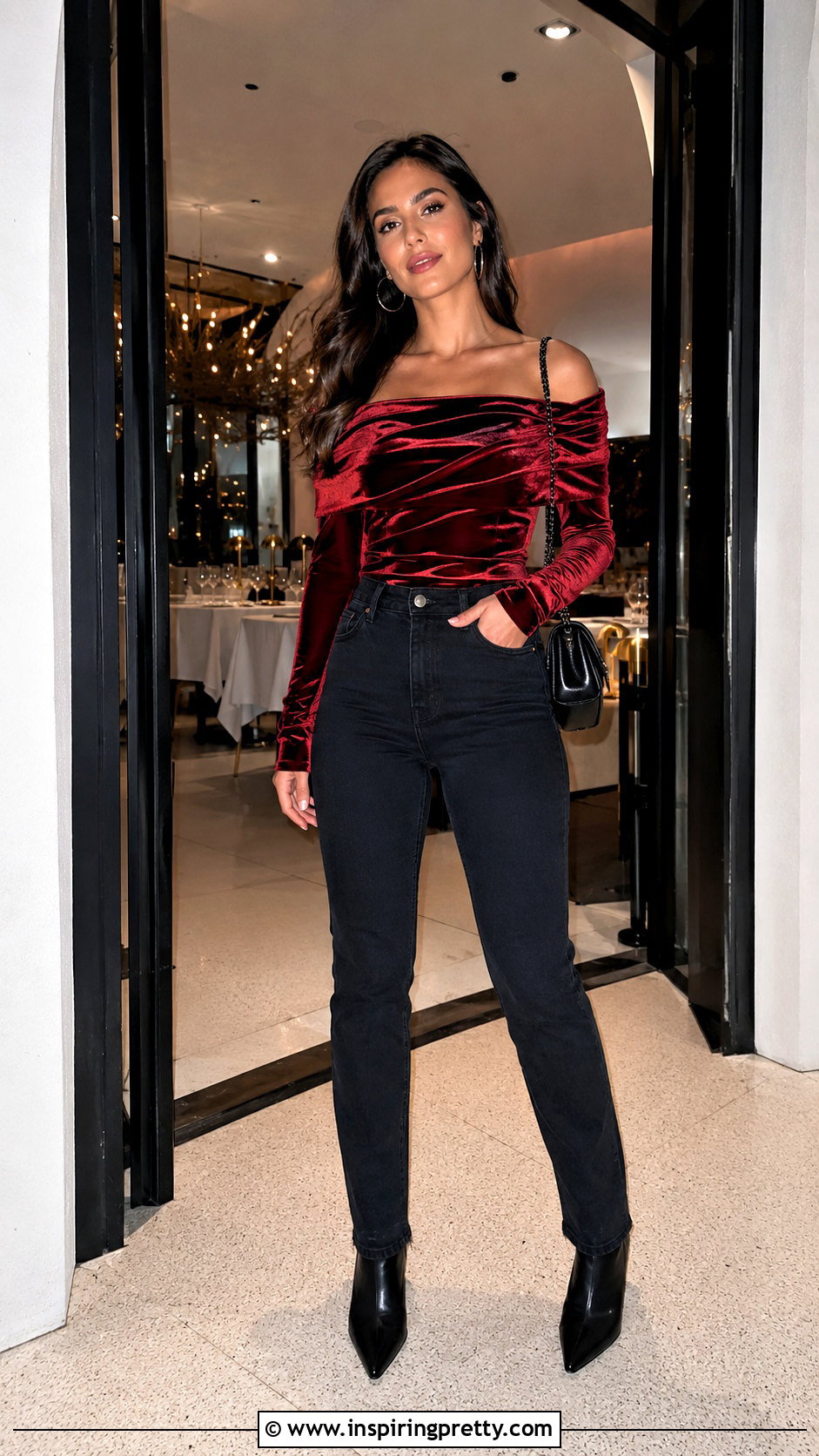 Red Velvet Off Shoulder Top With Dark Jeans - 50 velvet tops outfit ideas