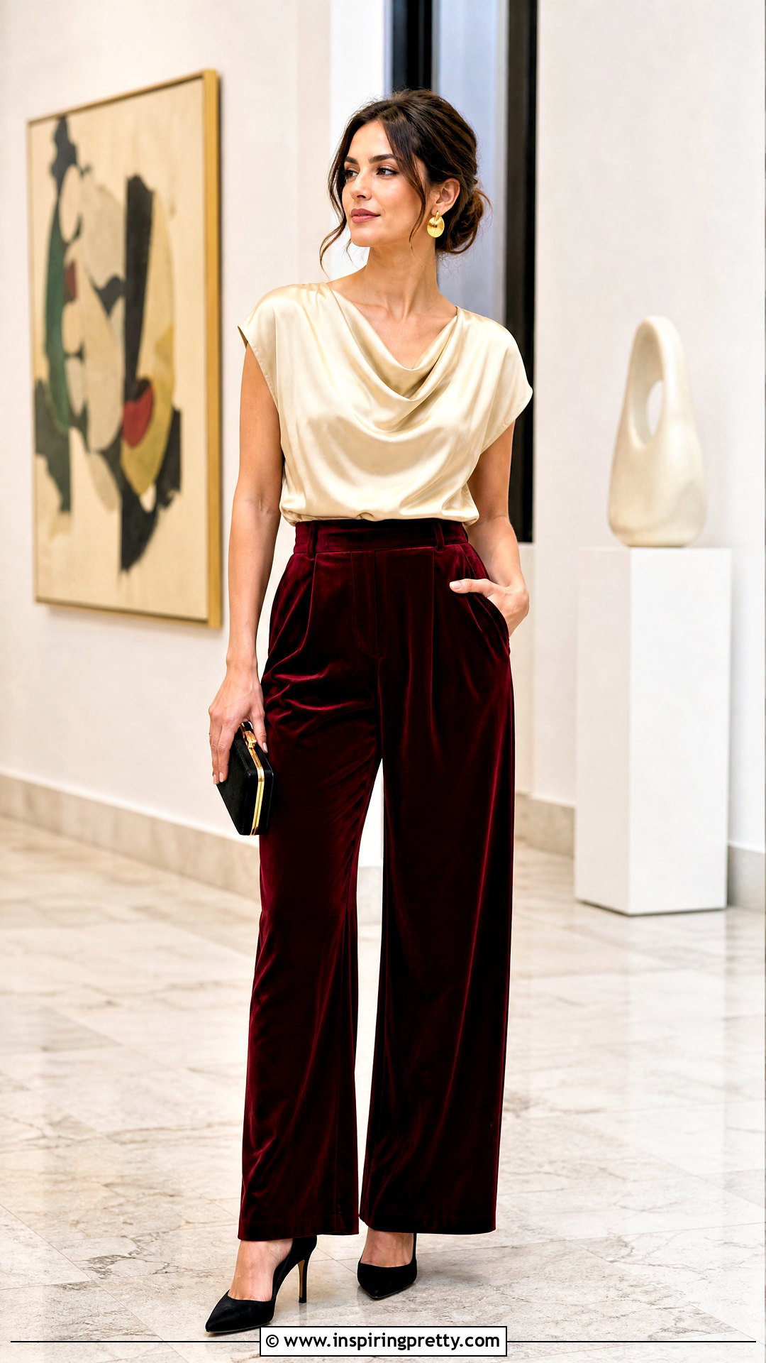Red Velvet Pants With Gold Draped Top - 25 Red Pants Gold Tops