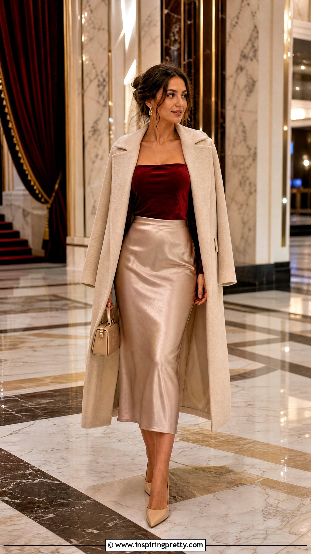 Red Velvet Top With Satin Midi Skirt - 50 red tops outfit ideas
