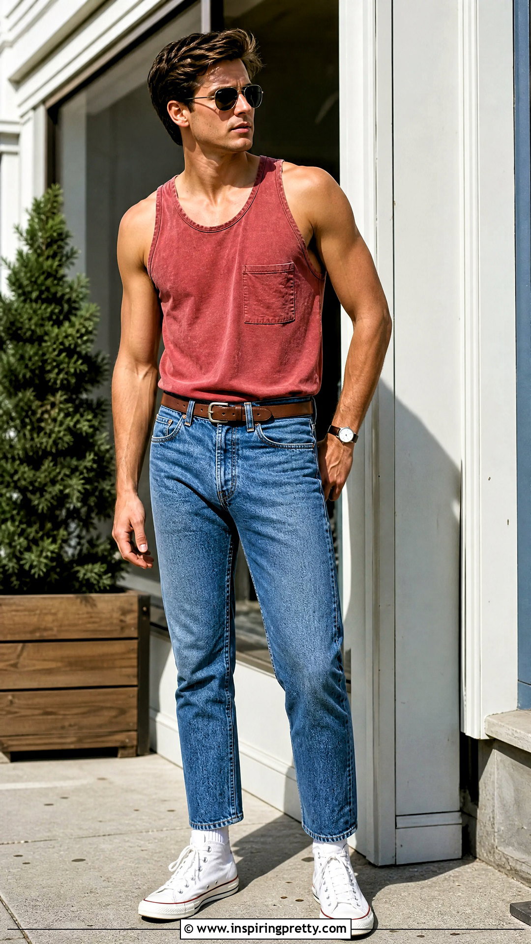 Red Vintage Tank Top With Blue Jeans - 25 vintage tank top outfit men