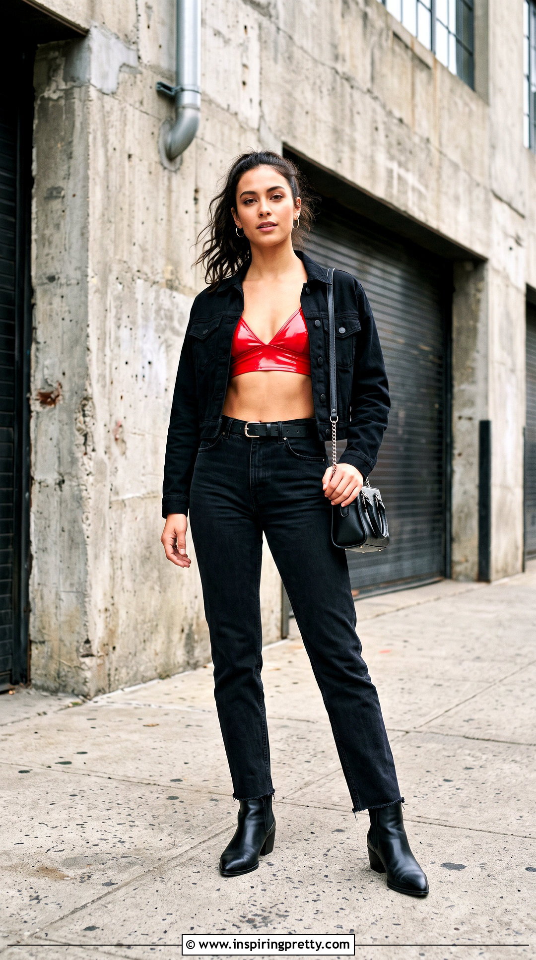 Red Vinyl Bra Top With Black Jeans - 25 Vinyl Bra Top outfit ideas