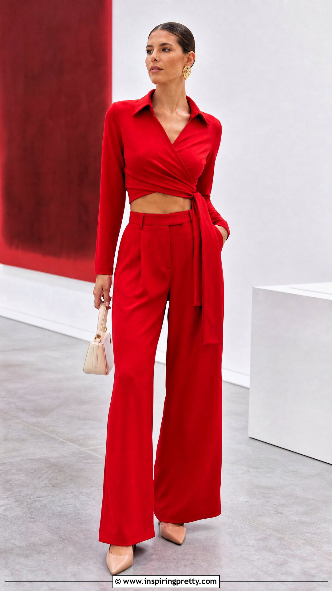 Red Wrap Crop Top With Matching Red Pants - 20 red wrap crop top outfit ideas