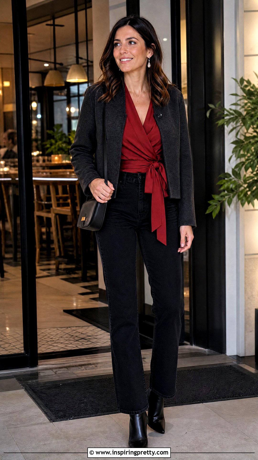 Red Wrap Top With Black Jeans - 50 red top outfit ideas