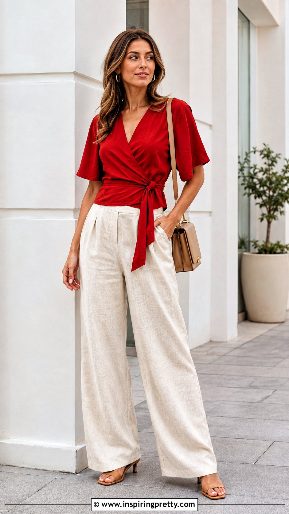 Red Wrap Top With Cream Pants - 50 red top outfit summer ideas