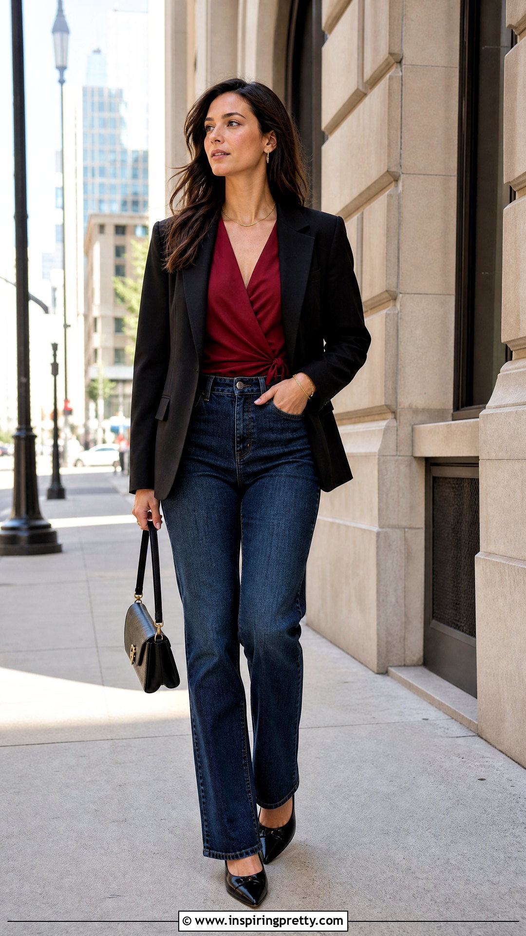 Red Wrap Top With Dark Wash Jeans - 50 wrap tops for women