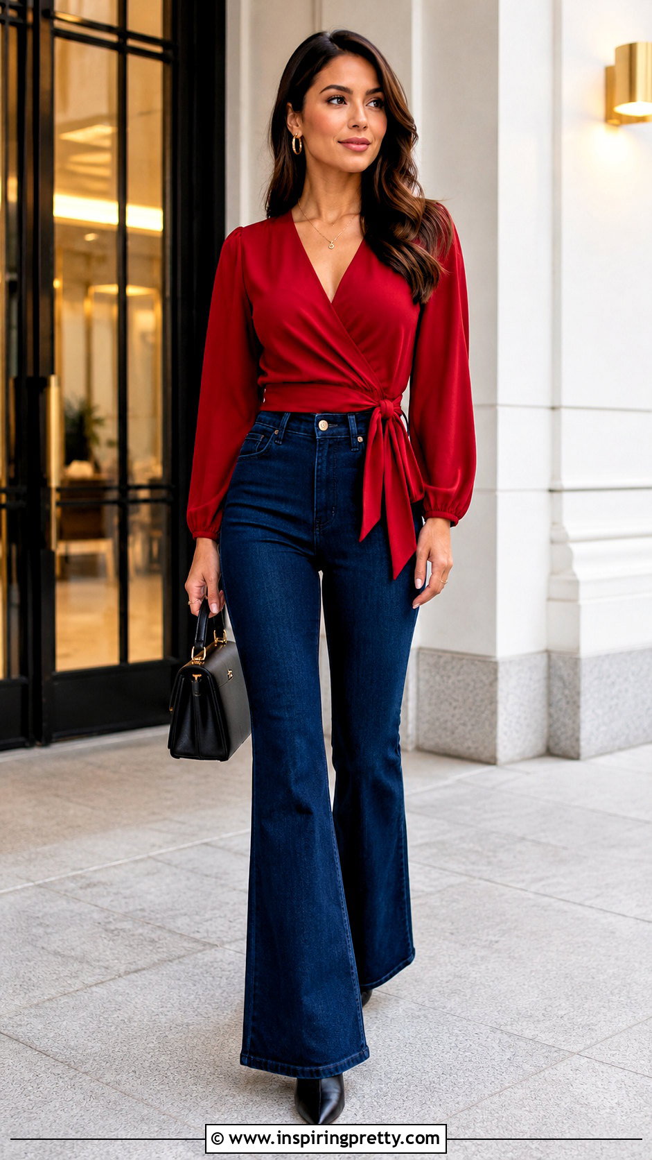 Red Wrap Top With Flare Jeans And Pointed Boots - how to wear red top with jeans (20 ways)