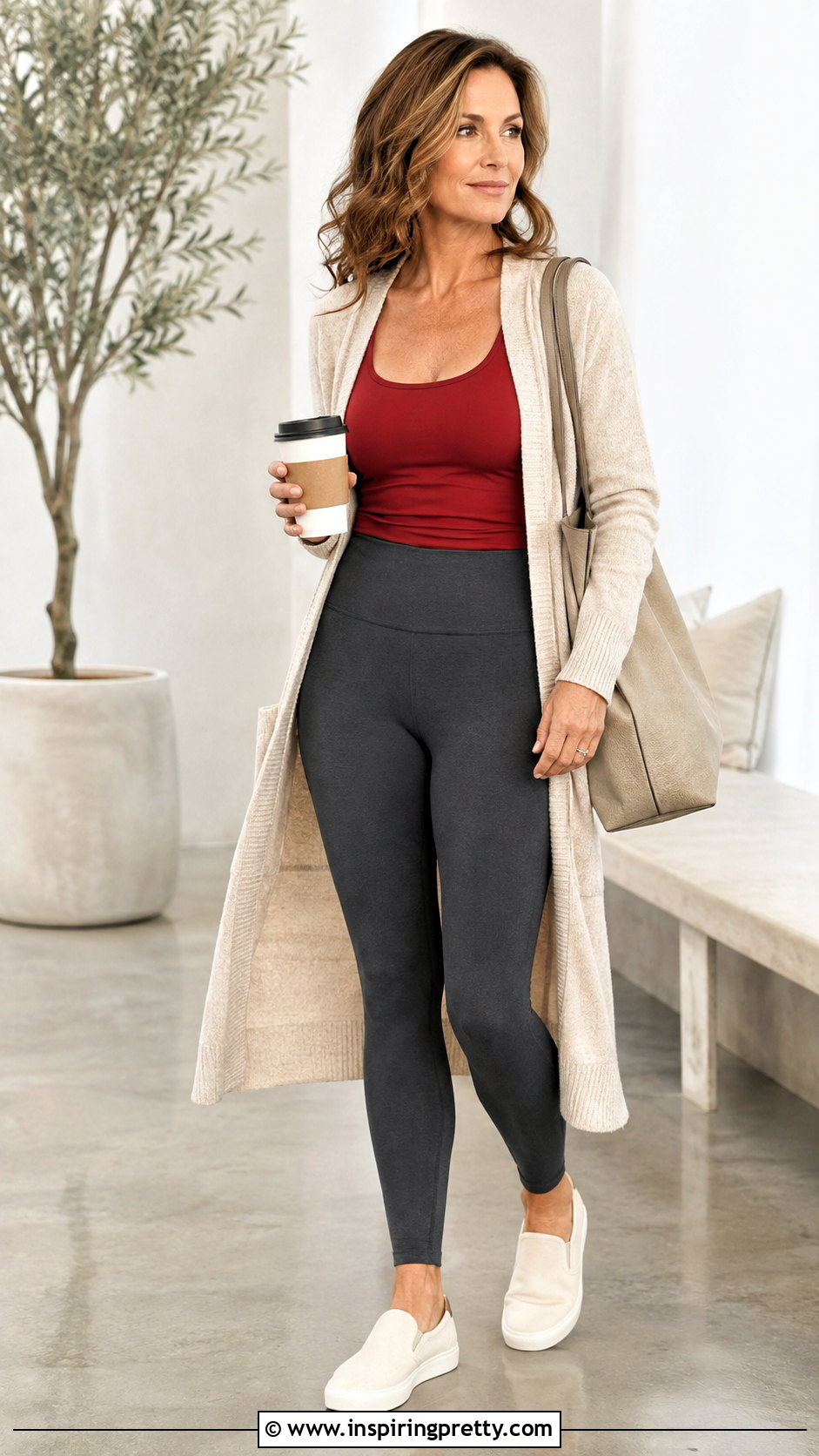 Red Yoga Top With Long Cardigan And Leggings - 25 Red Yoga Top outfit ideas