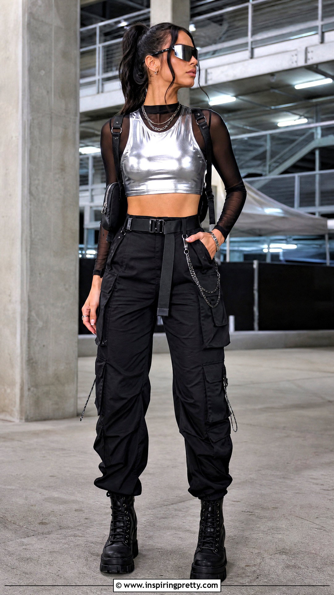 Reflective Crop Top With Mesh Long Sleeves - 20 Reflective Crop Top outfit ideas