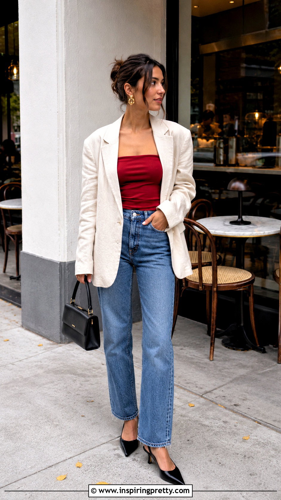 Reformation Strapless Top With Blazer And Jeans - 20 reformation strapless top outfit ideas