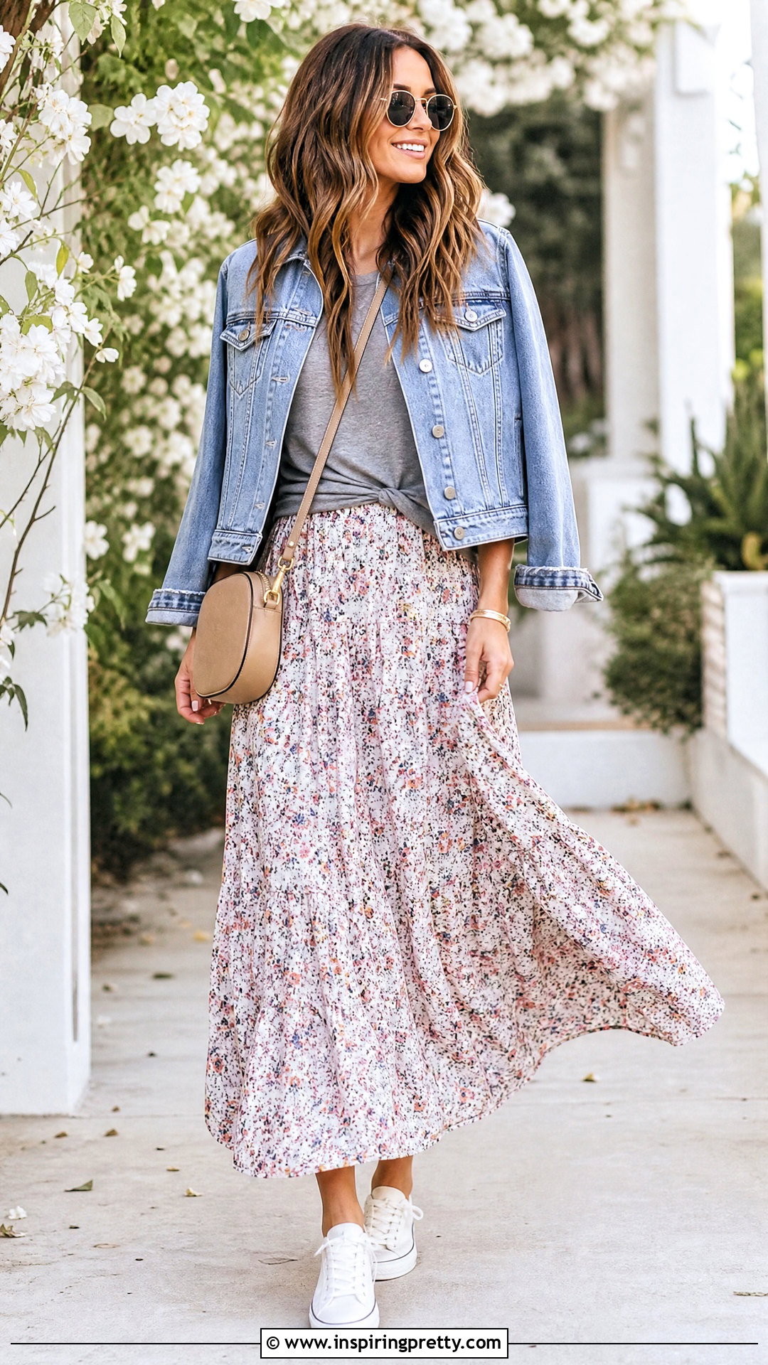 Relaxed T Shirt With Tiered Maxi Skirt - 50 skirt with top outfit ideas