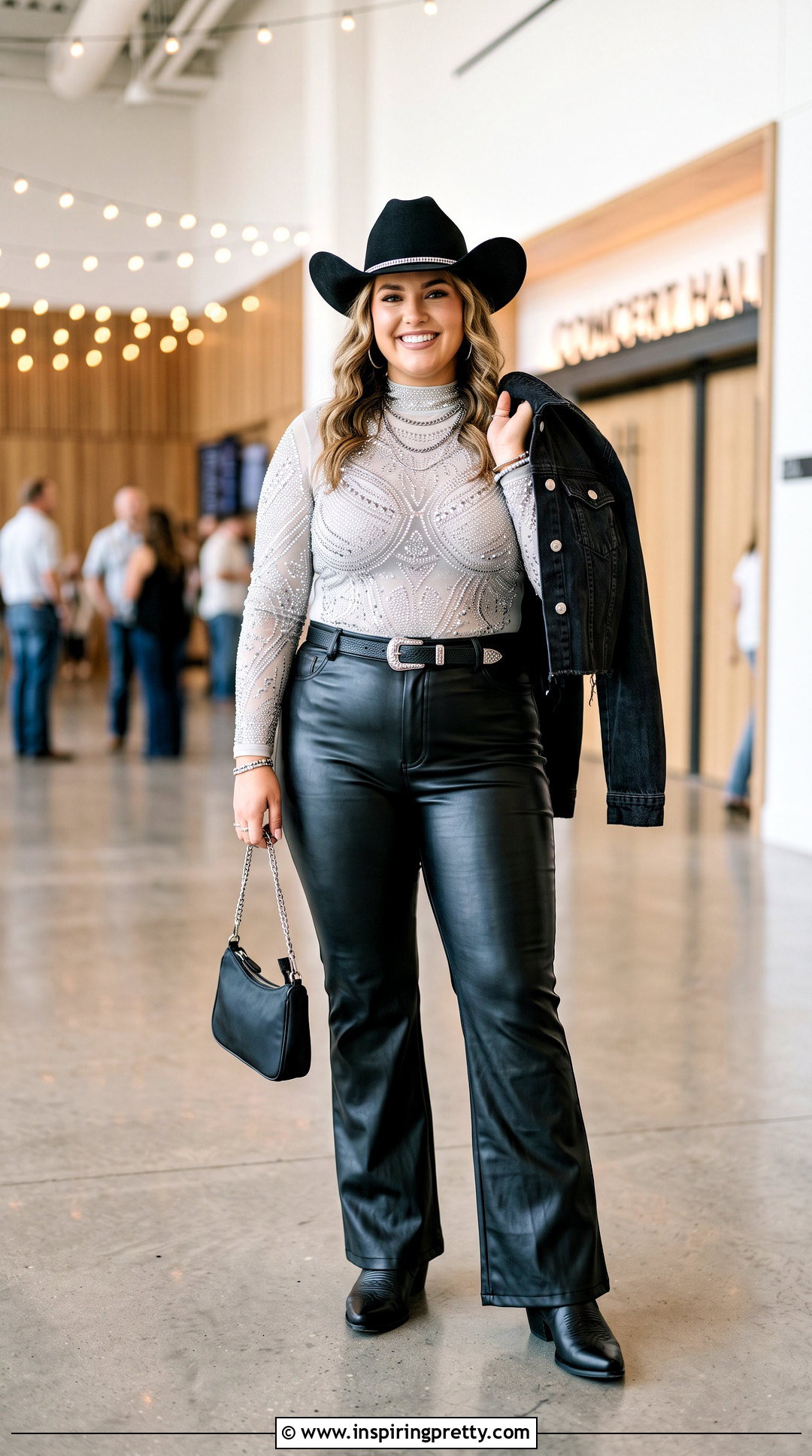 Rhinestone Cowgirl Top With Black Leather Pants - 20 rhinestone cowgirl top outfit ideas