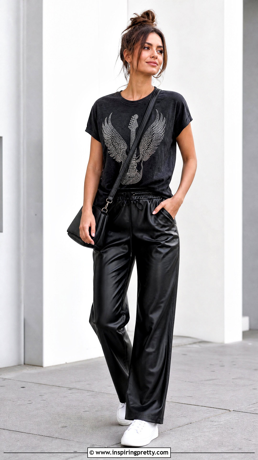 Rhinestone Graphic Top With Faux Leather Pants - 20 Embellished Casual Top outfit ideas