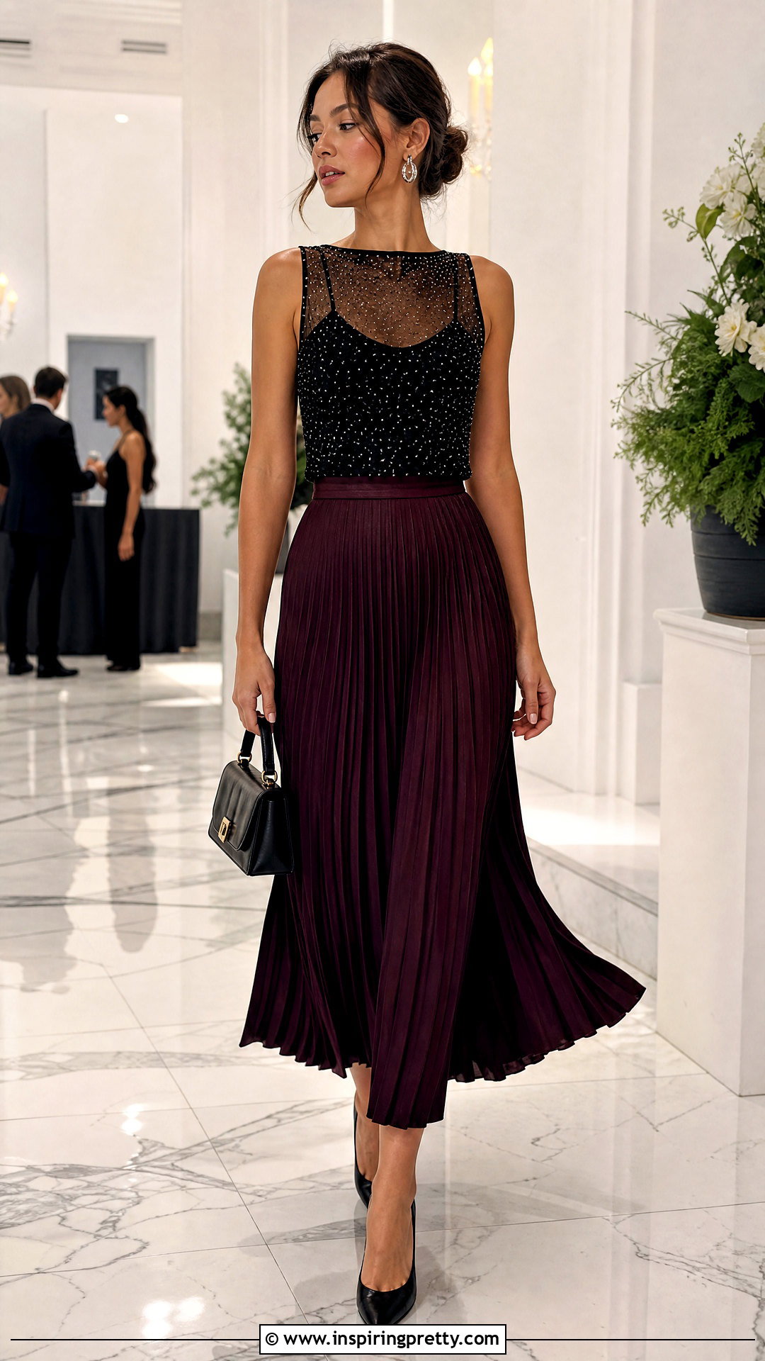 Rhinestone Mesh Tank Top With A Pleated Midi Skirt - 20 Rhinestone Mesh Tank Top outfit ideas