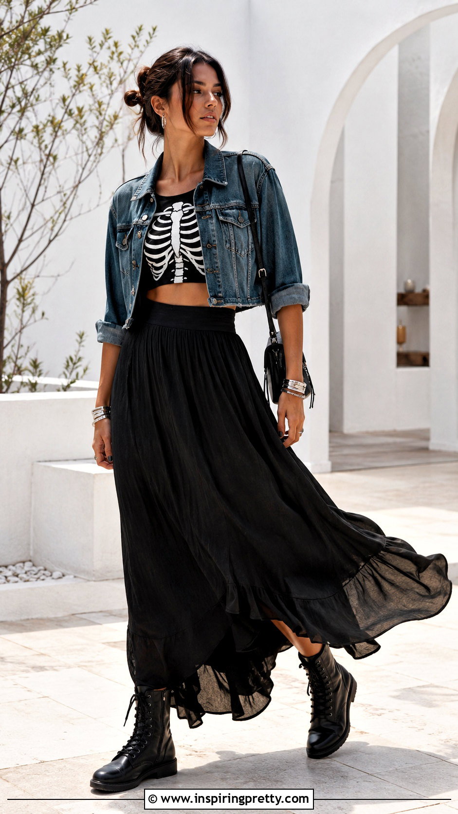Rib Cage Crop Top With Black Maxi Skirt - 25 Rib Cage Crop Top outfit ideas