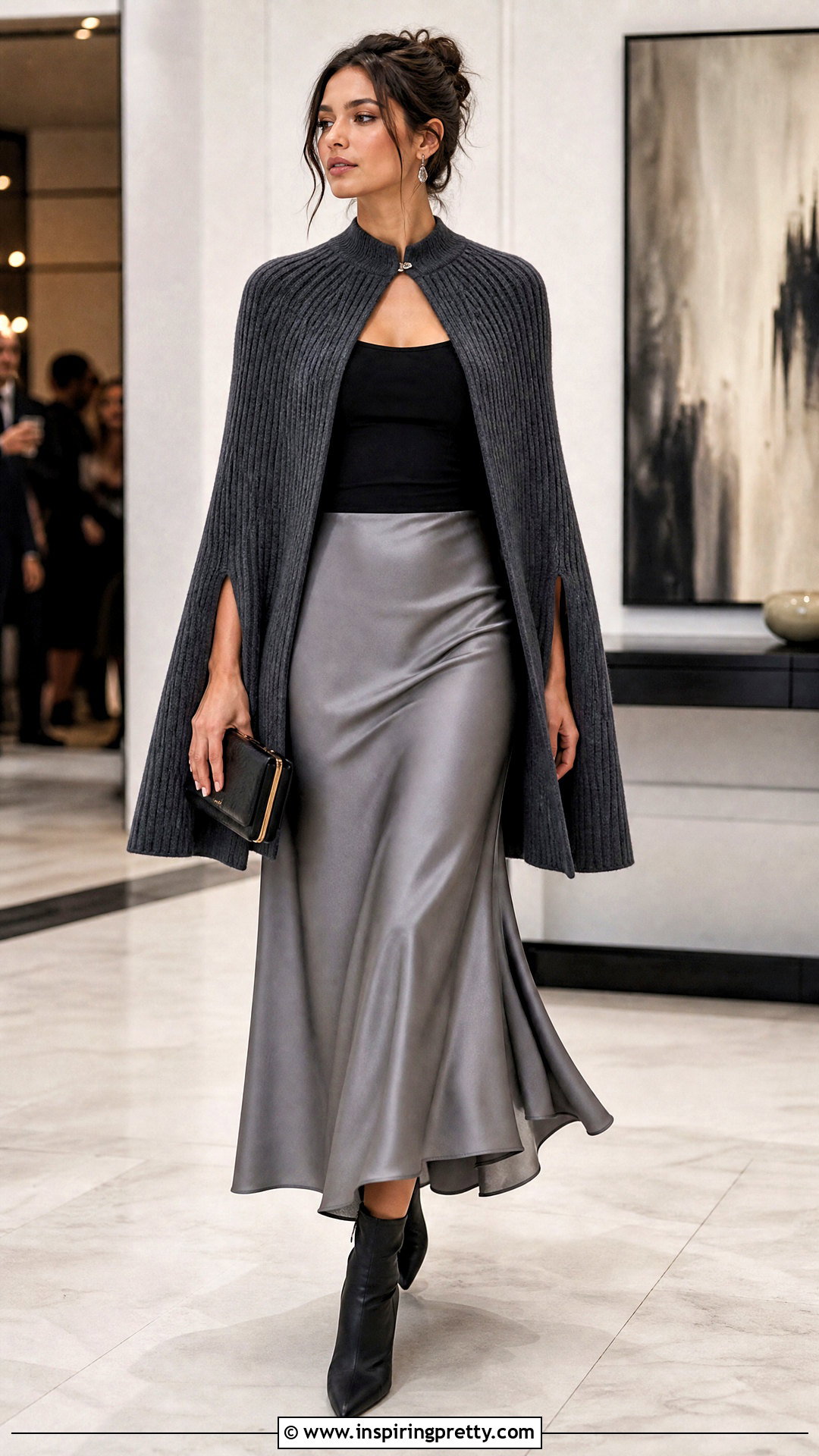 Ribbed Cape Knit Top With Satin Midi Skirt - 25 cape knit top outfit ideas