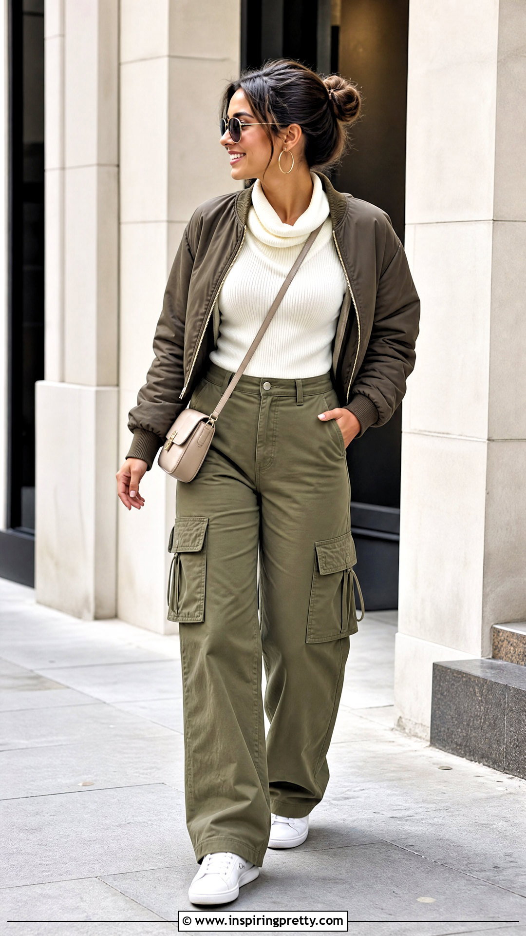 Ribbed Cowl Neck Top With Cargo Pants - 50 cowl neck top outfit ideas