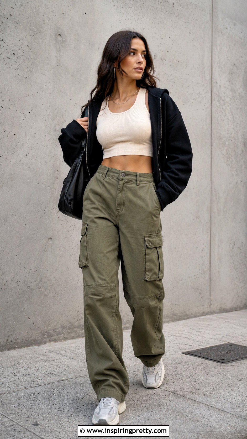 Ribbed Crop Top And Zip Up Hoodie With Cargo Pants - 25 crop top and zip up hoodie outfit ideas