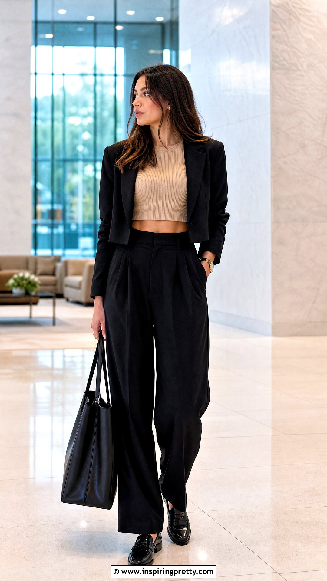 Ribbed Crop Top With Black Baggy Trousers - 50 baggy pants crop top outfit ideas