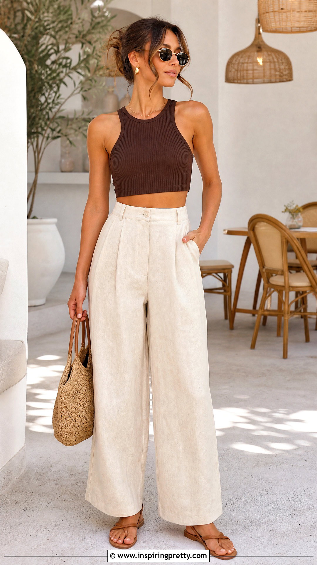 Ribbed Crop Top With Linen Pants - 50 cool crop tops outfit ideas