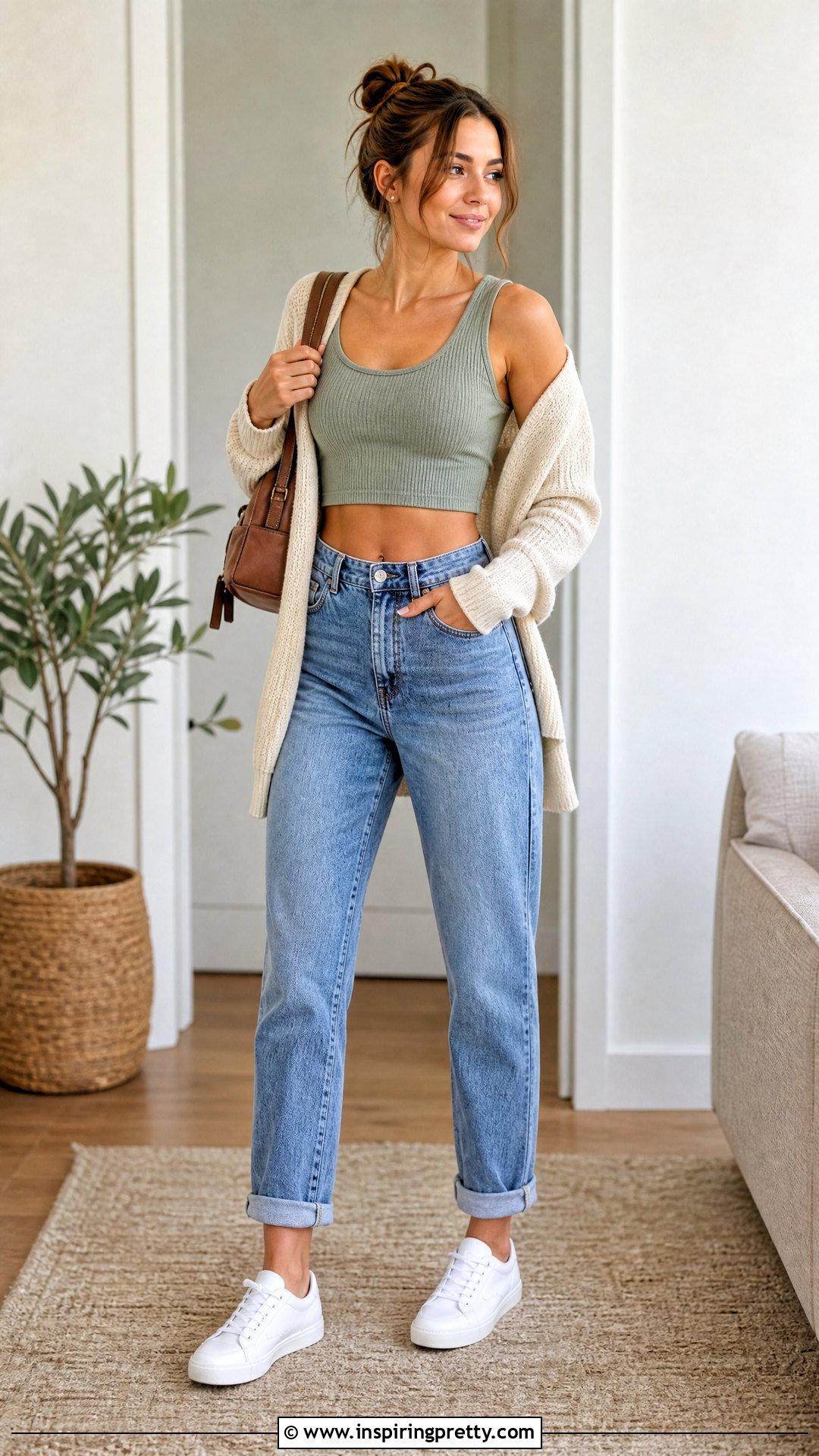 Ribbed Crop Top With Mom Jeans - 50 crop top outfits