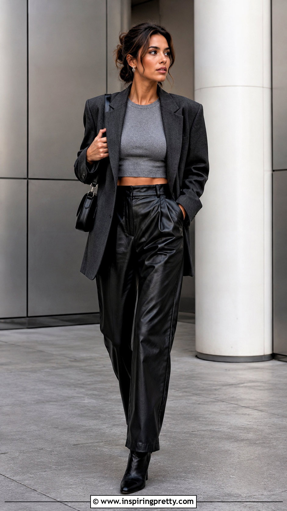 Ribbed Grey Crop Top With Black Leather Pants - 25 Ribbed Grey Crop Top outfit ideas