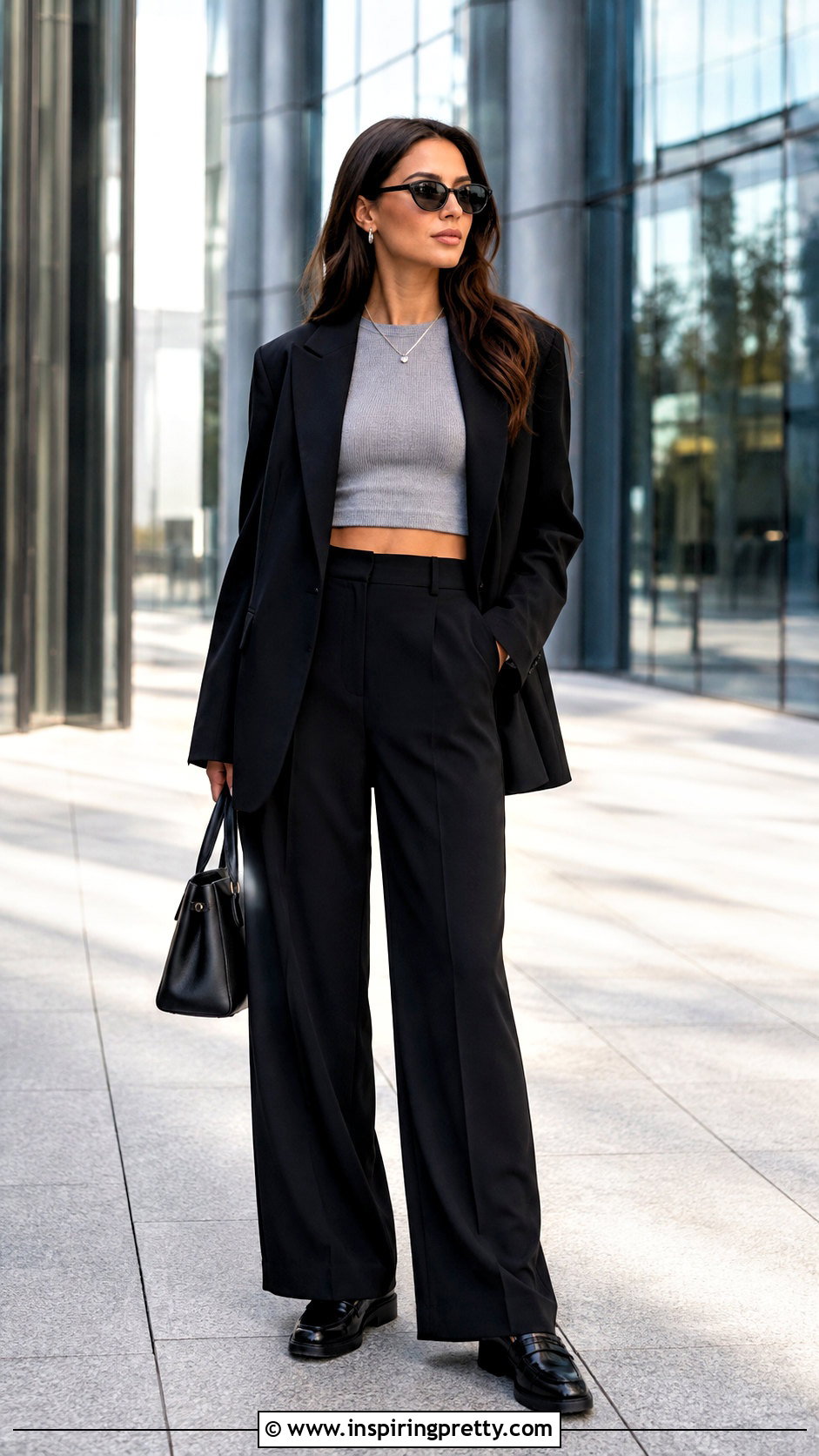 Ribbed Grey Crop Top With Black Wide Leg Trousers - 25 Ribbed Grey Crop Top outfit ideas