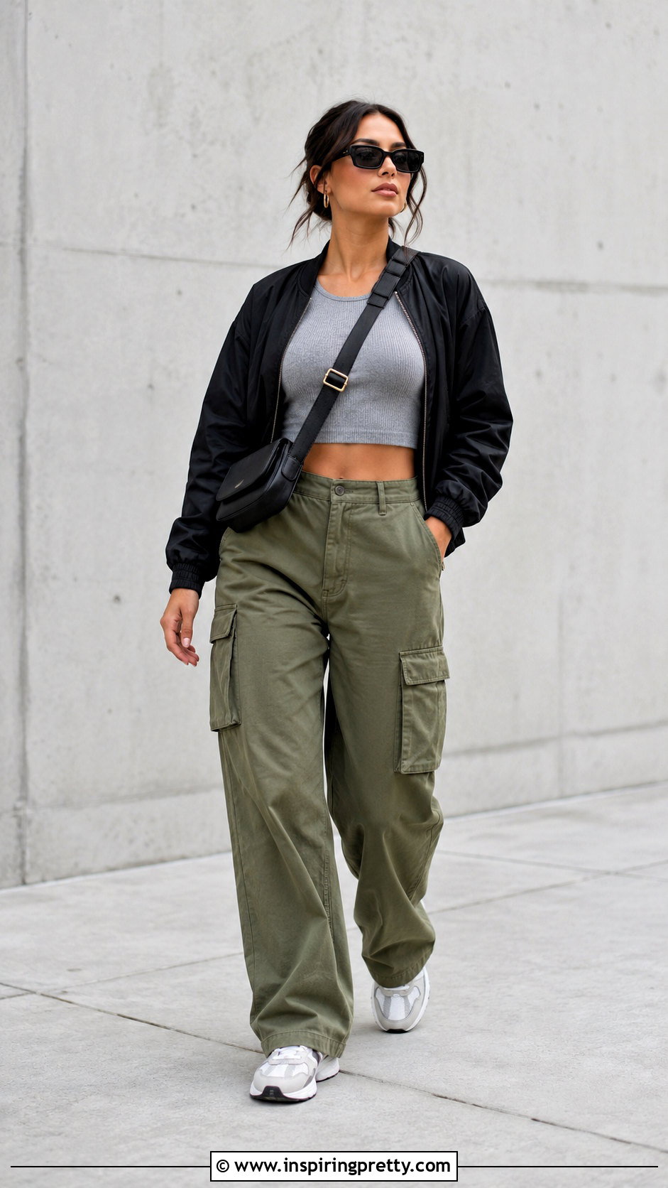 Ribbed Grey Crop Top With Olive Cargo Pants - 25 Ribbed Grey Crop Top outfit ideas