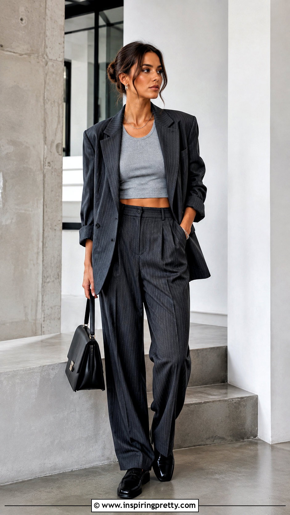 Ribbed Grey Crop Top With Pinstripe Trousers - 25 Ribbed Grey Crop Top outfit ideas