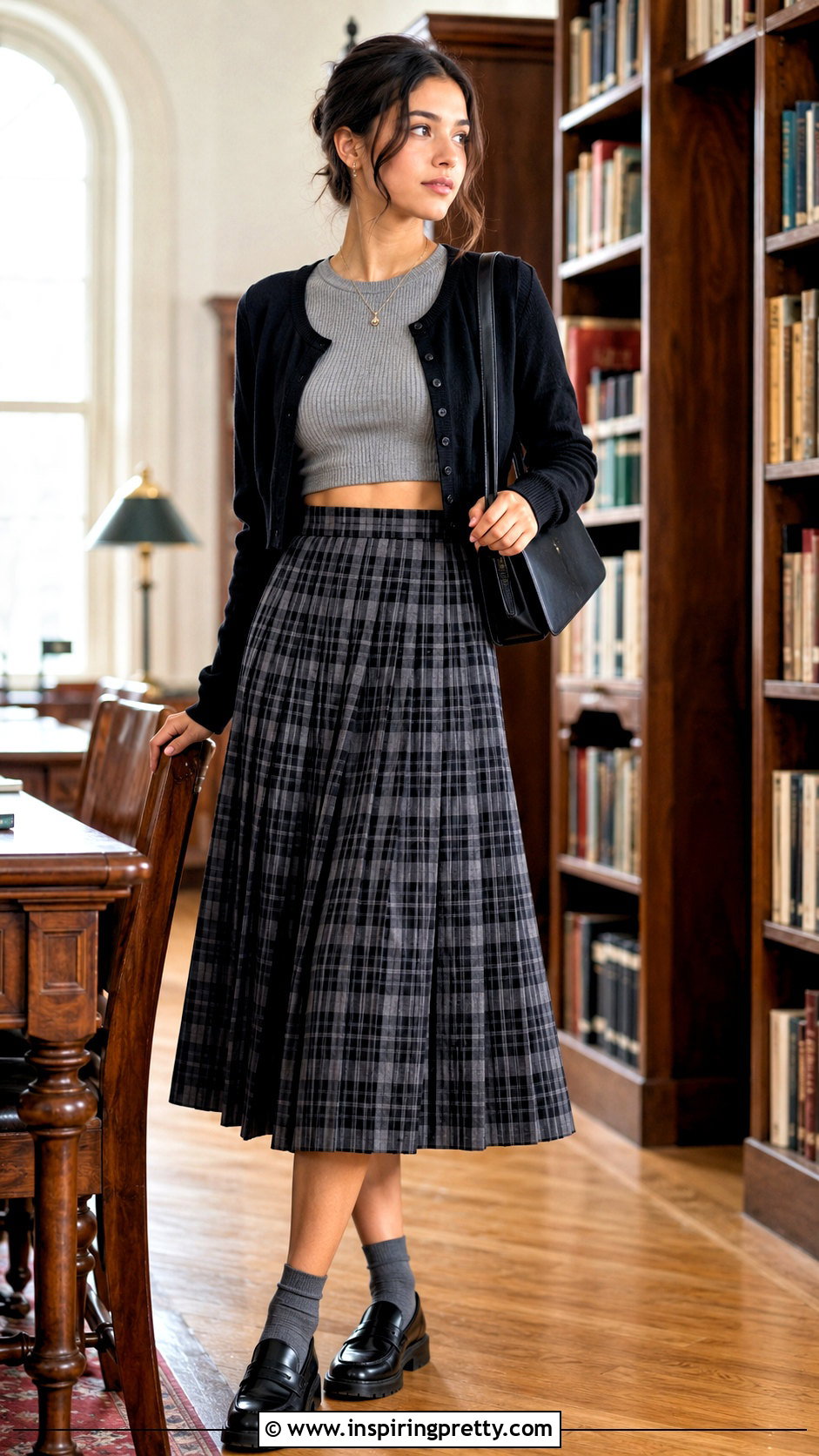 Ribbed Grey Crop Top With Plaid Midi Skirt - 25 Ribbed Grey Crop Top outfit ideas