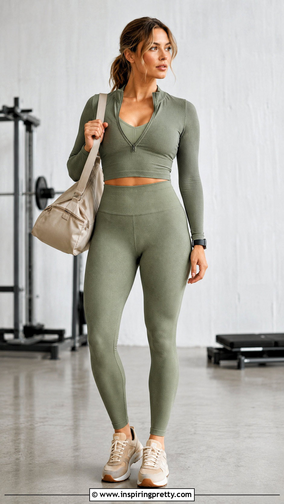Ribbed Half Zip Gym Top With Seamless Leggings - 20 half zip gym top outfit ideas