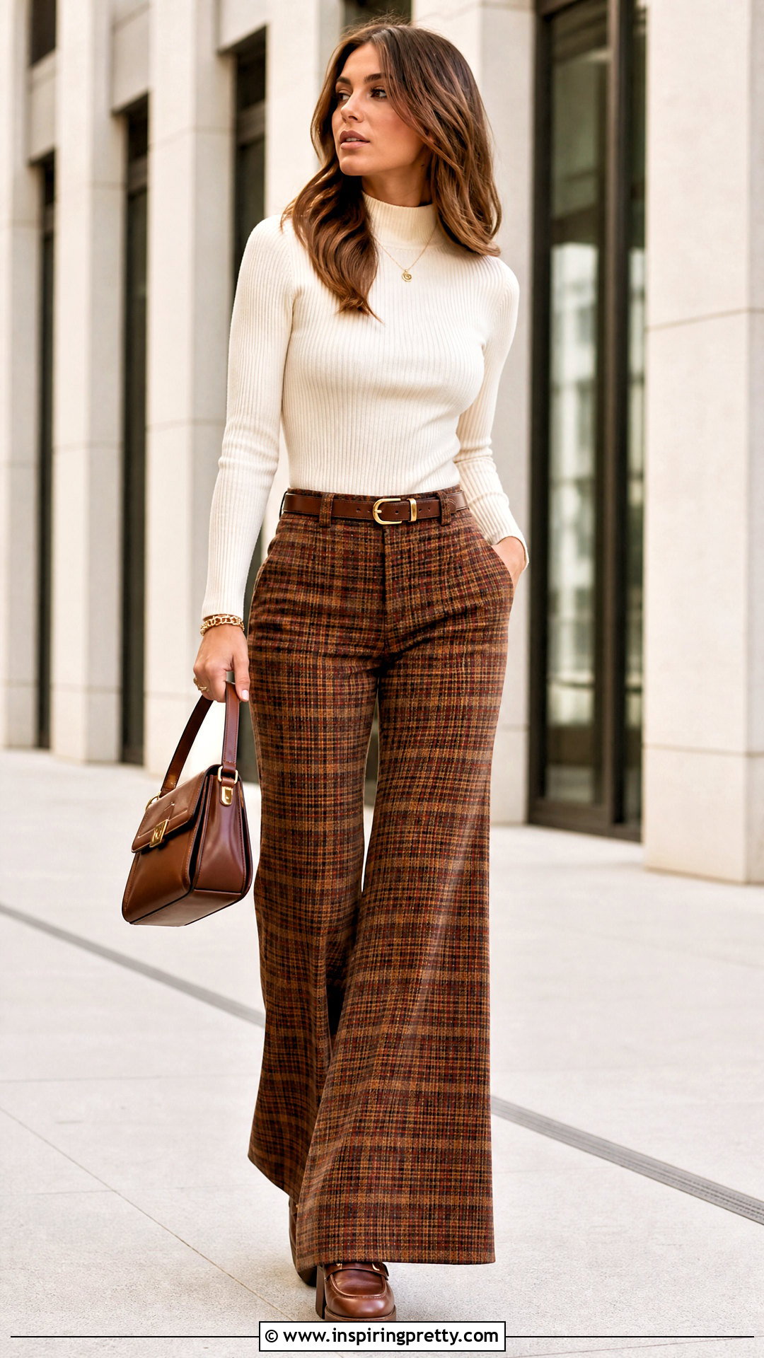 Ribbed Knit Top With Plaid Flare Pants - 50 70s tops outfit ideas