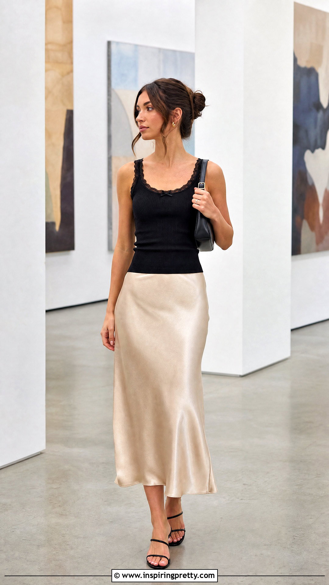 Ribbed Lace Tank Top With Satin Midi Skirt - 20 ribbed lace tank top outfit ideas