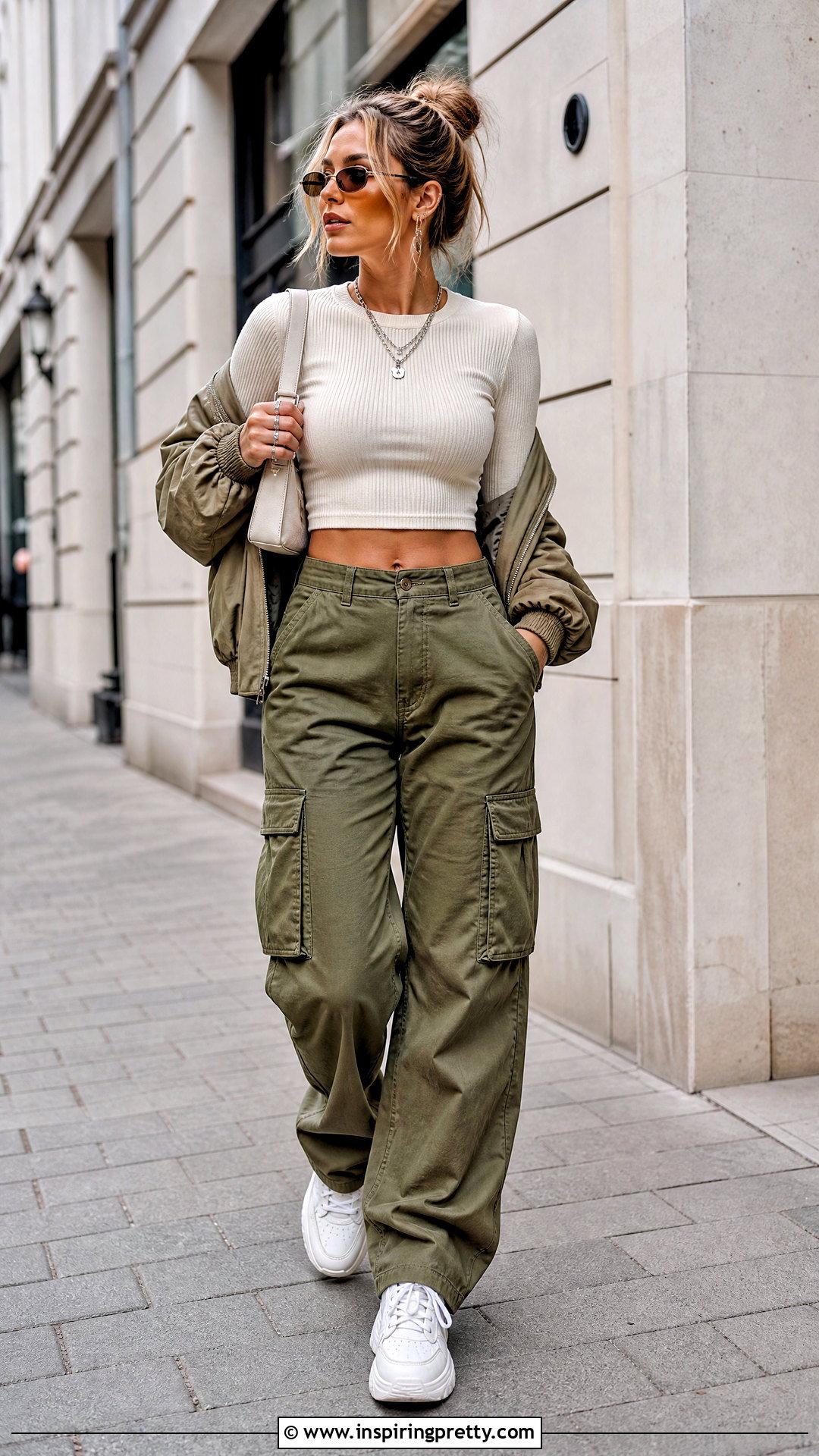 Ribbed Long Sleeve Crop Top With Cargo Pants - 50 cute long sleeve tops outfit ideas