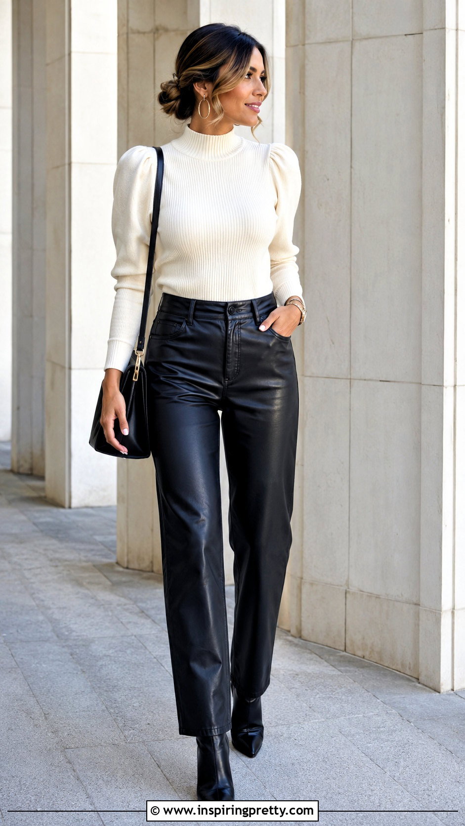 Ribbed Mock Neck Puff Sleeve Top With Faux Leather Pants - 20 mock neck puff sleeve top outfit ideas