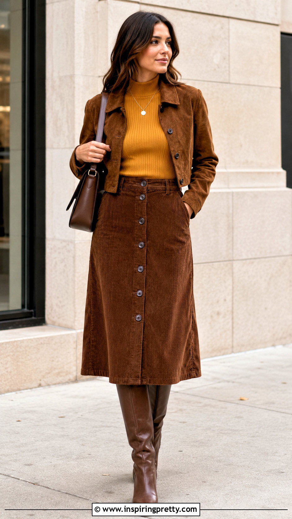 Ribbed Mock Neck Top With A Line Midi Skirt - 20 Retro 70S Tops outfit ideas