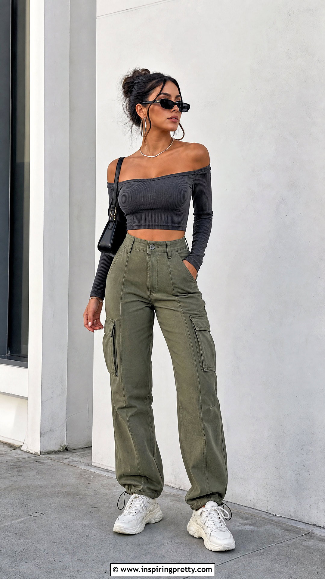 Ribbed Off Shoulder Crop Top With Cargo Pants - 50 off shoulder crop top outfit ideas