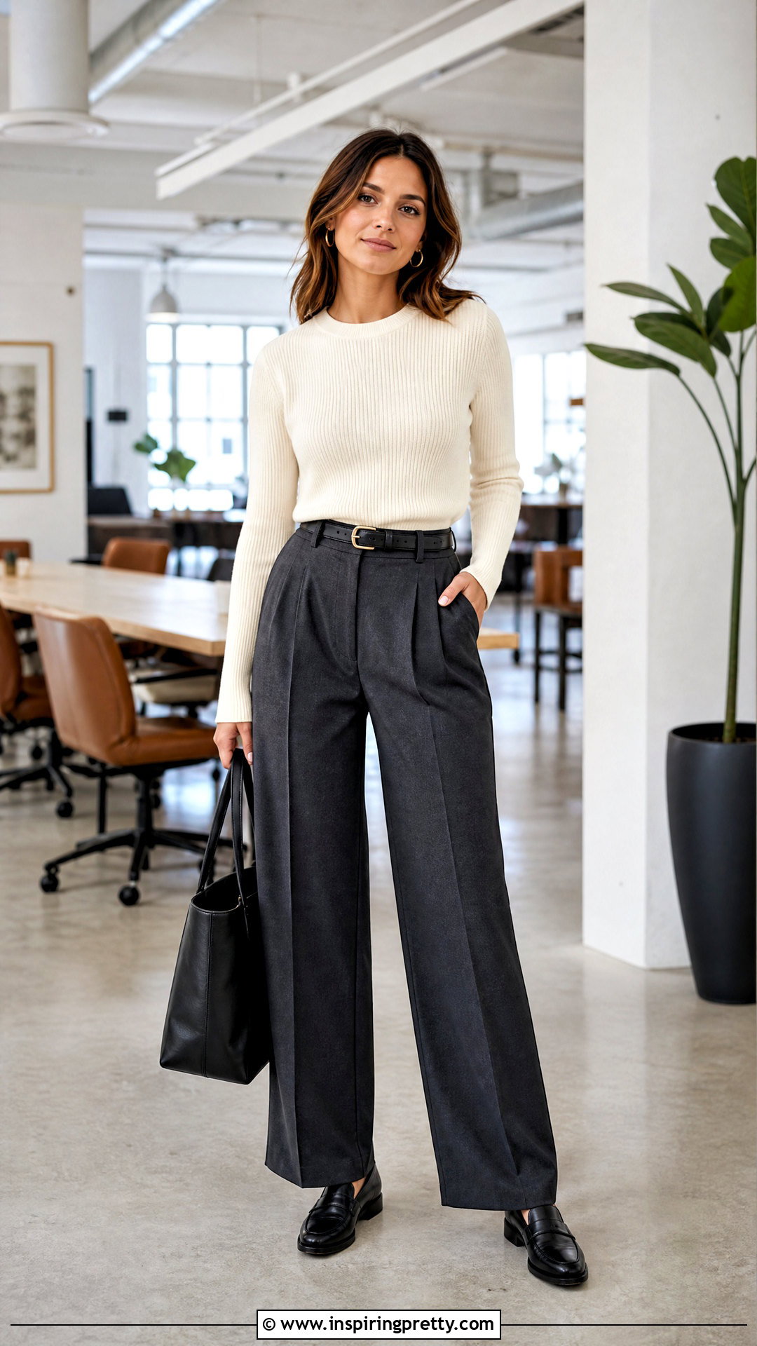 Ribbed Office Knit Top With Pleated Trousers - 50 office tops blouses work wear ideas
