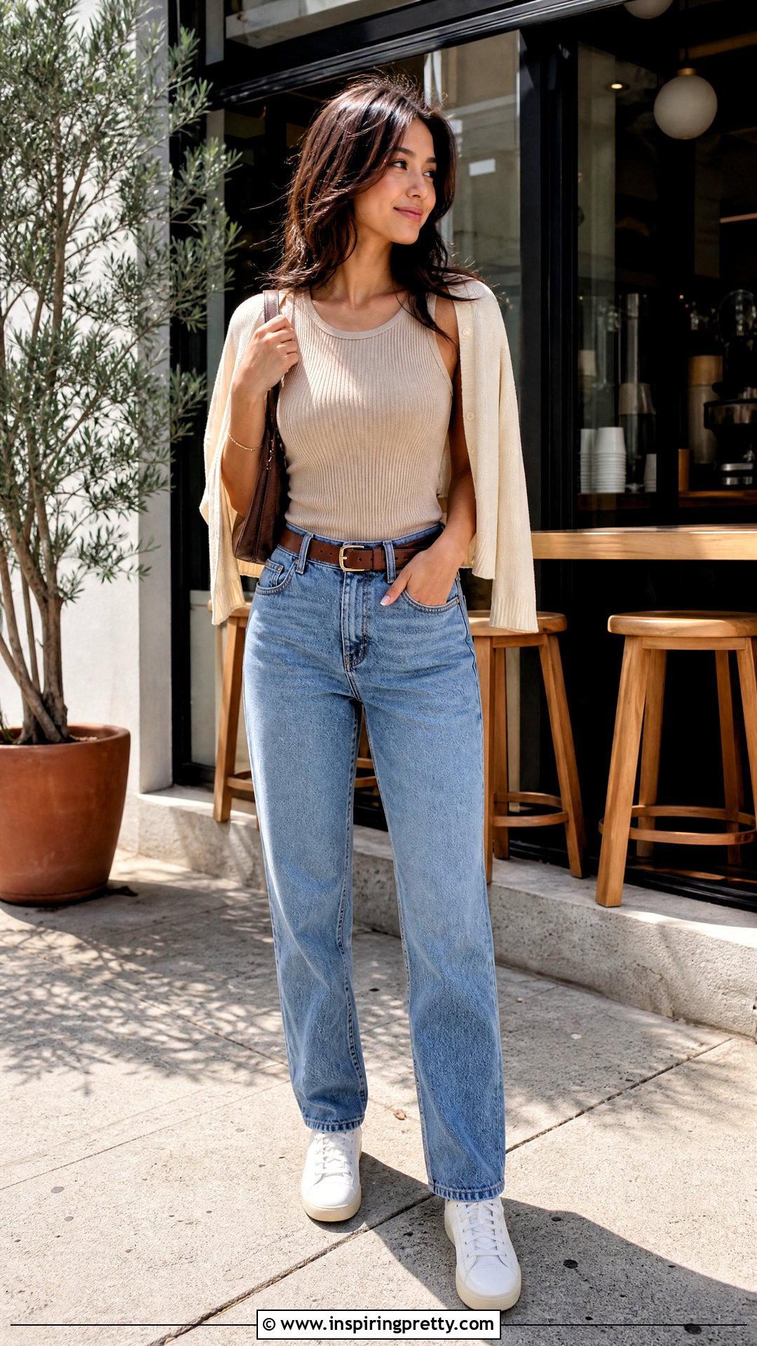 Ribbed Sleeveless Top With Straight Leg Jeans - 50 sleeveless top outfit ideas