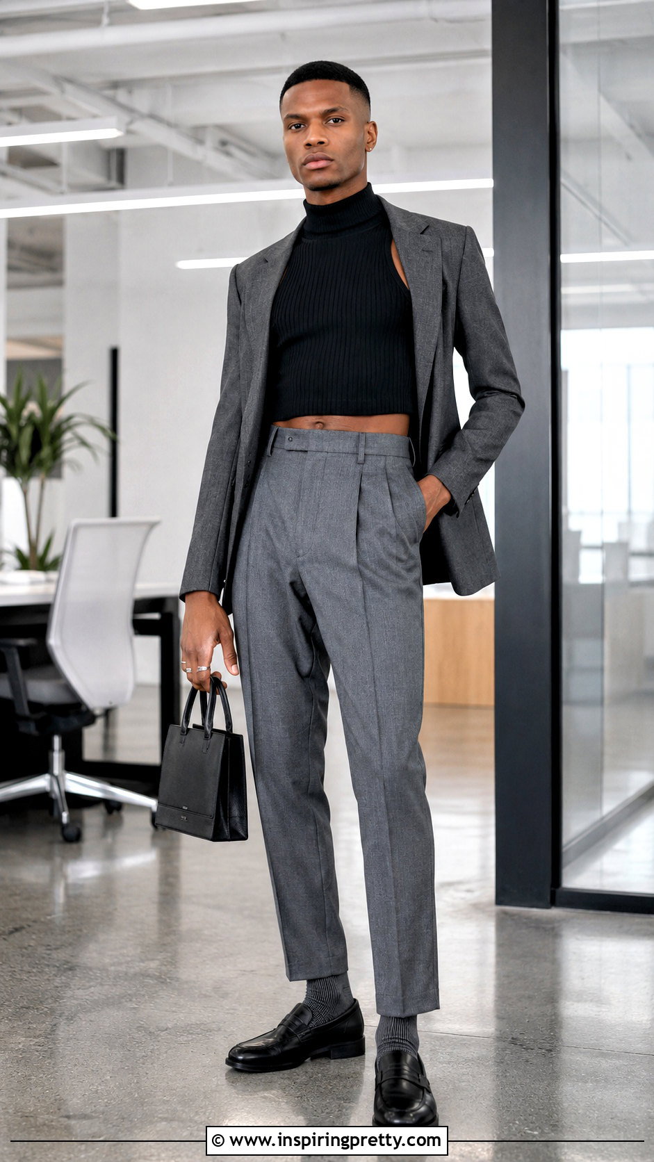 Ribbed Sleeveless Turtleneck Crop Top With Pleated Trousers - 20 sleeveless turtleneck crop top men outfit ideas