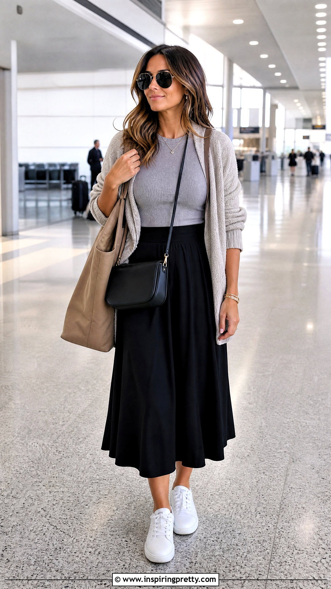 Ribbed Tee And Flare Skirt Airport Outfit - 50 flare skirt and top outfit ideas