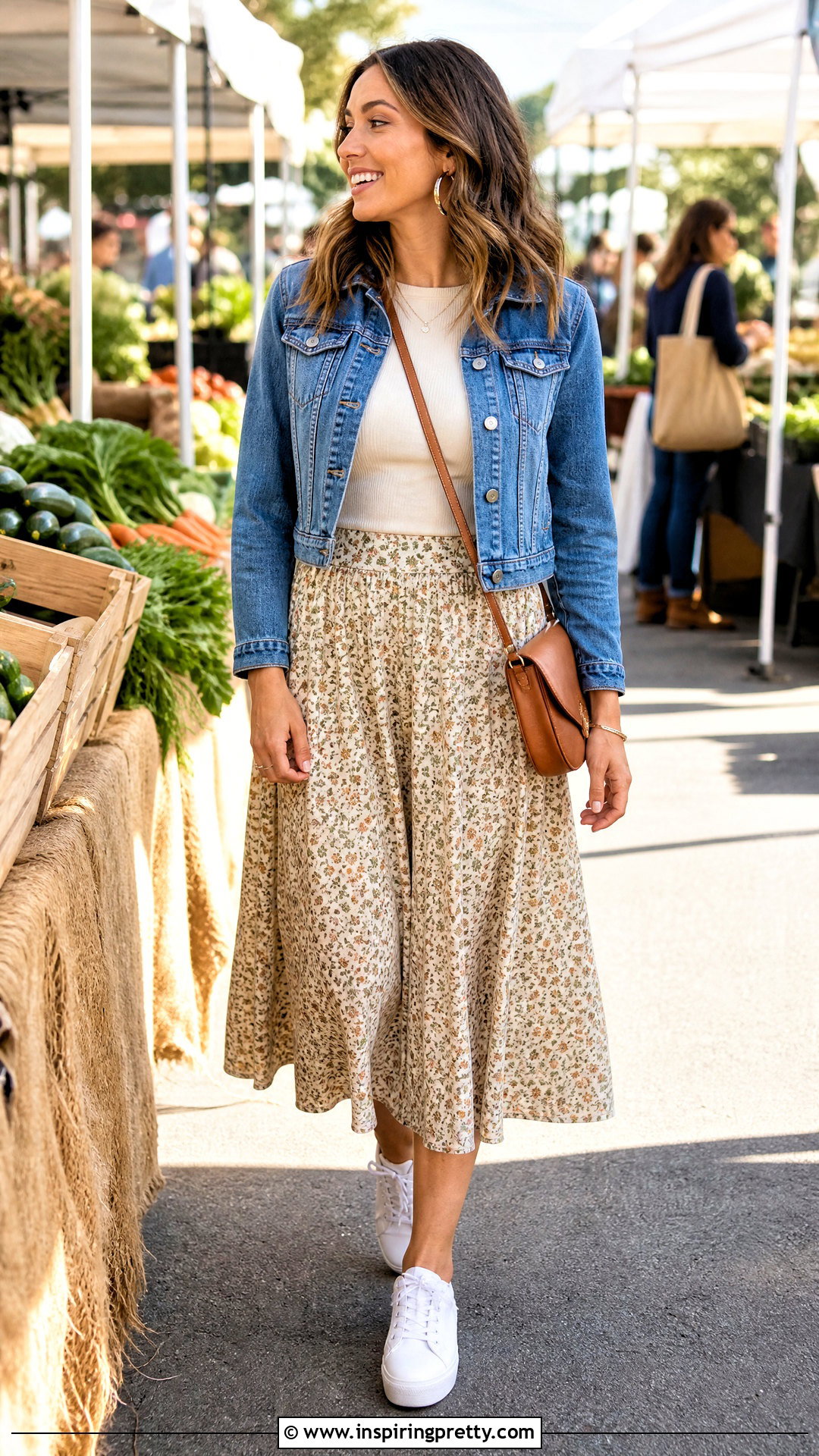 Ribbed Top And Denim Jacket With Flare Skirt Outfit - 50 flare skirt and top outfit ideas