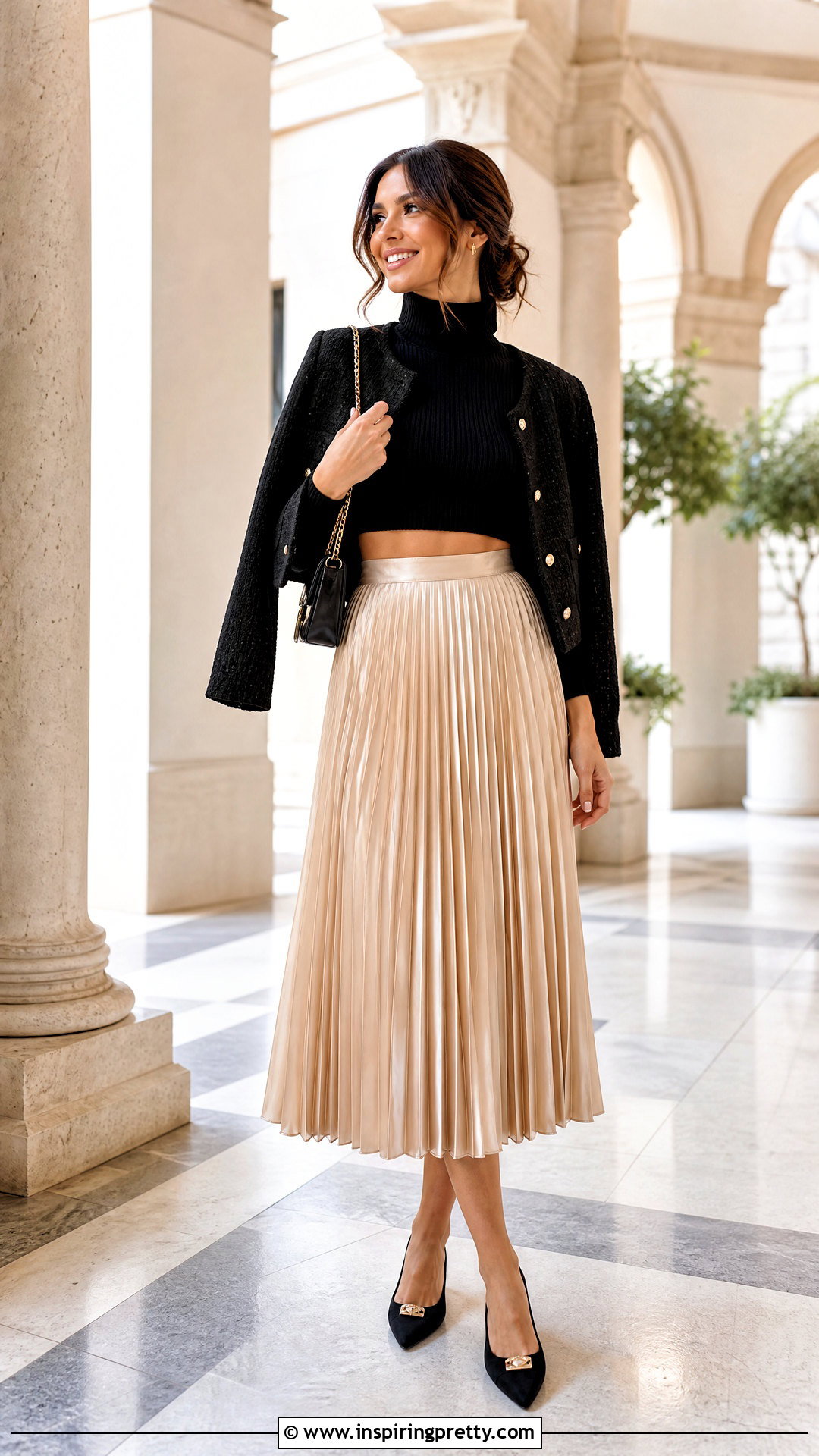 Ribbed Turtleneck Crop Top With Pleated Midi Skirt - 20 Ribbed Turtleneck Crop Top outfit ideas