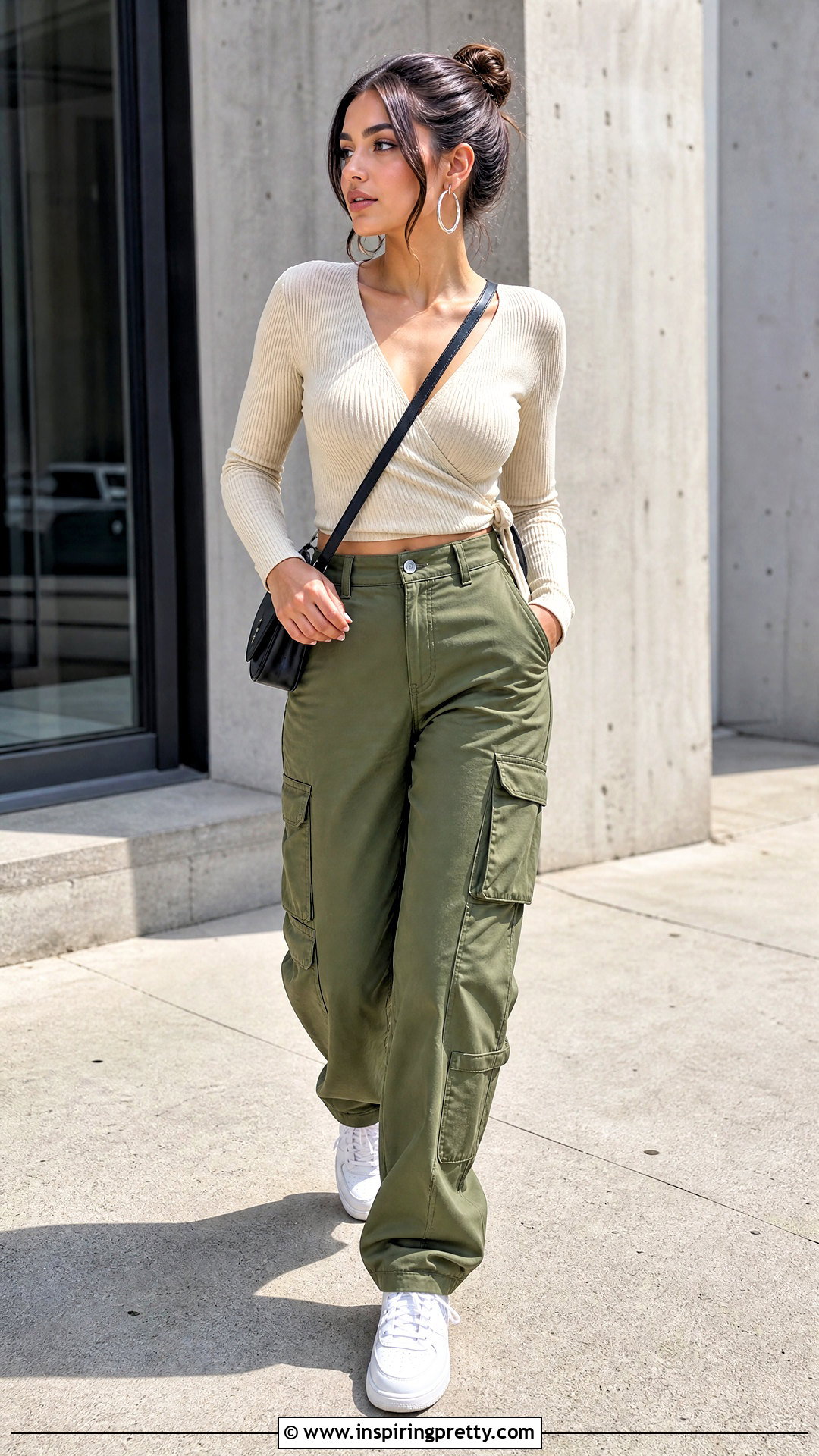 Ribbed Wrap Top With Cargo Pants - 50 wrap top outfit ideas