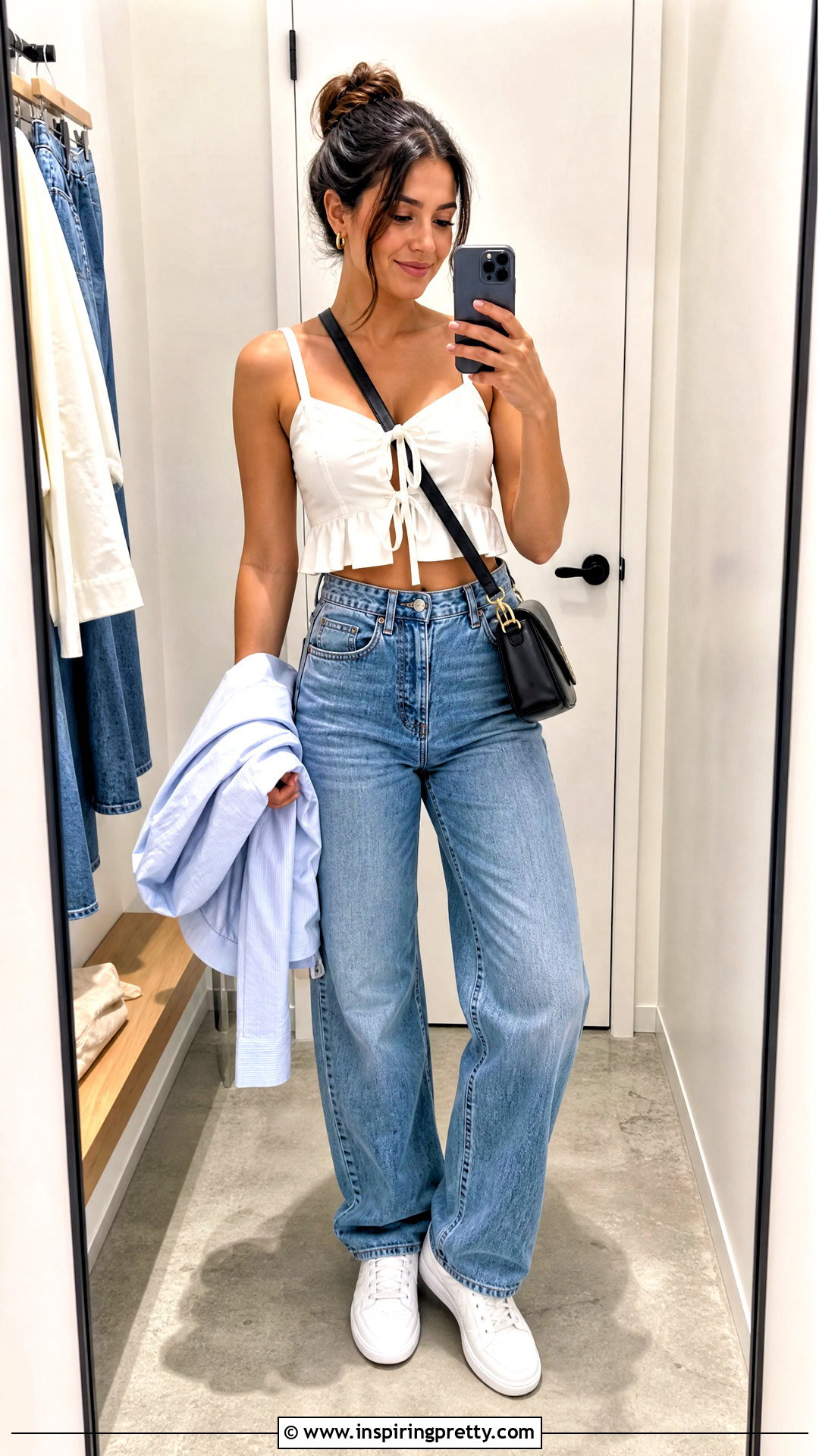 Ribbon Crop Top With High Waisted Jeans - 50 ribbon top outfit ideas