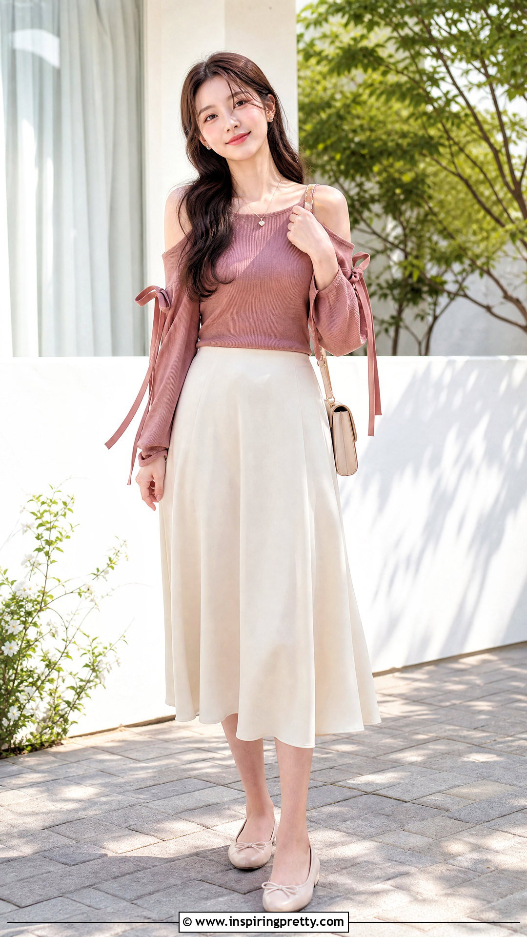 Ribbon Laced Cold Shoulder Top With Midi Skirt - 20 cold shoulder top diy outfit ideas